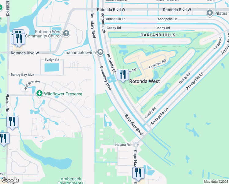 map of restaurants, bars, coffee shops, grocery stores, and more near 96 Boundary Boulevard in Rotonda West