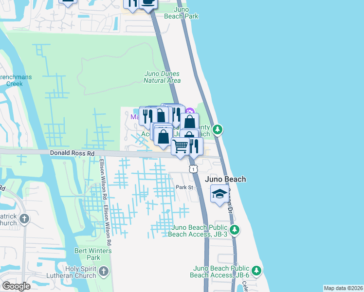 map of restaurants, bars, coffee shops, grocery stores, and more near 14100 U.S. 1 in Juno Beach