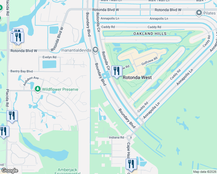 map of restaurants, bars, coffee shops, grocery stores, and more near 106 Boundary Boulevard in Rotonda West