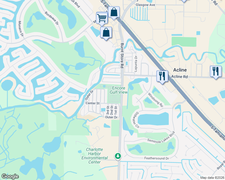 map of restaurants, bars, coffee shops, grocery stores, and more near Amberjack Alley in Punta Gorda