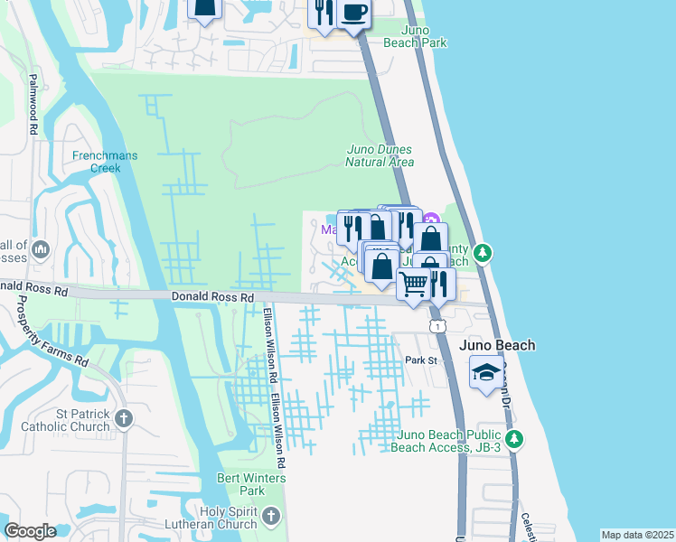 map of restaurants, bars, coffee shops, grocery stores, and more near 140 Sea Oats Drive in North Palm Beach