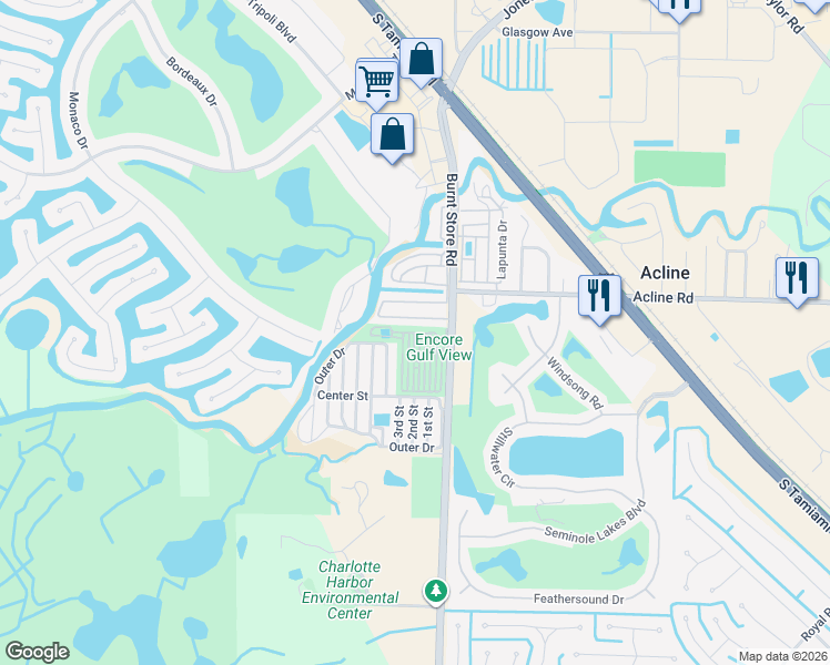 map of restaurants, bars, coffee shops, grocery stores, and more near Amberjack Alley in Punta Gorda