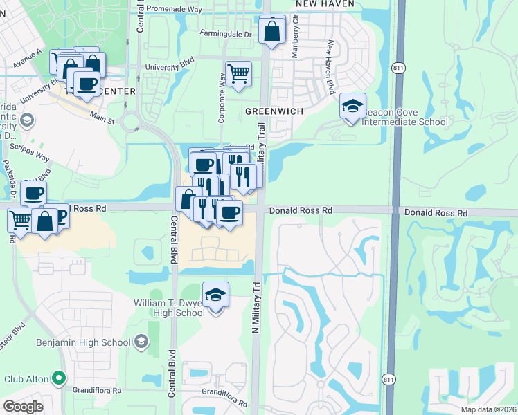 map of restaurants, bars, coffee shops, grocery stores, and more near Donald Ross Rd & Military Trail in Jupiter