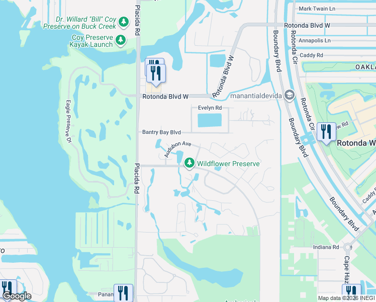 map of restaurants, bars, coffee shops, grocery stores, and more near 3300 Dove Lane in Englewood