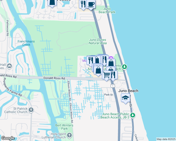 map of restaurants, bars, coffee shops, grocery stores, and more near 140 Sea Oats Drive in North Palm Beach