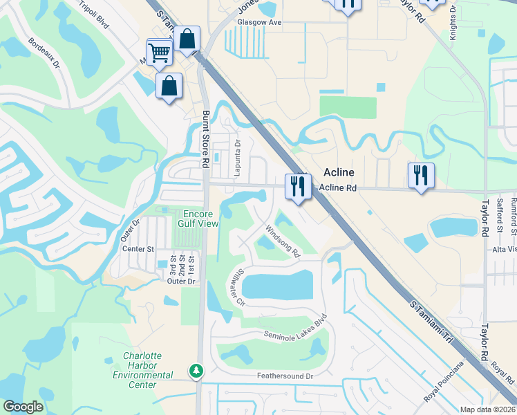 map of restaurants, bars, coffee shops, grocery stores, and more near 10220 Windsong Road in Punta Gorda