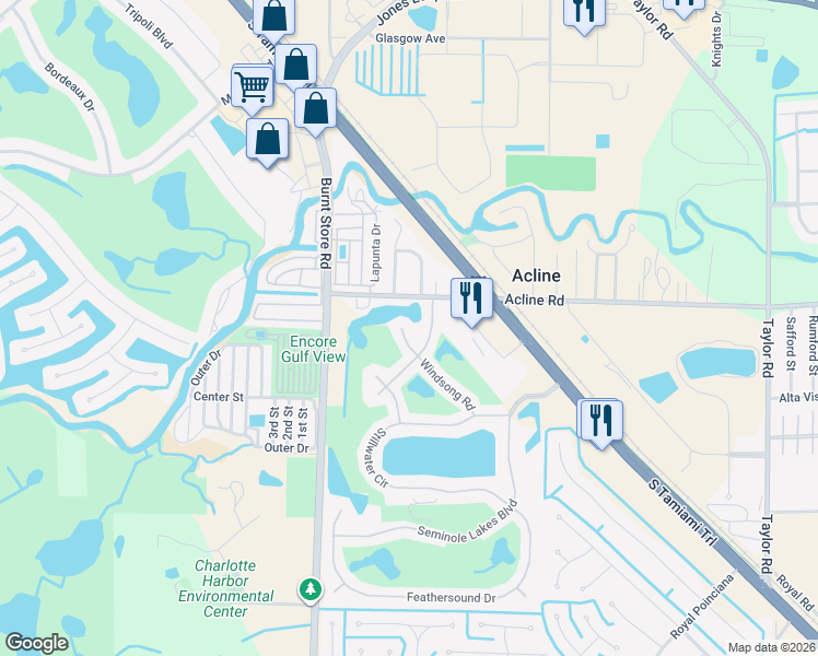 map of restaurants, bars, coffee shops, grocery stores, and more near 10220 Windsong Road in Punta Gorda