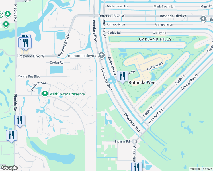 map of restaurants, bars, coffee shops, grocery stores, and more near 113 Boundary Boulevard in Rotonda West