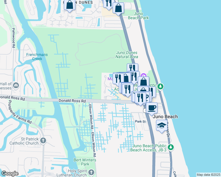 map of restaurants, bars, coffee shops, grocery stores, and more near 140 Sea Oats Drive in North Palm Beach