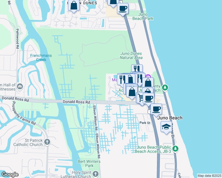 map of restaurants, bars, coffee shops, grocery stores, and more near 201 Sea Oats Drive in Juno Beach