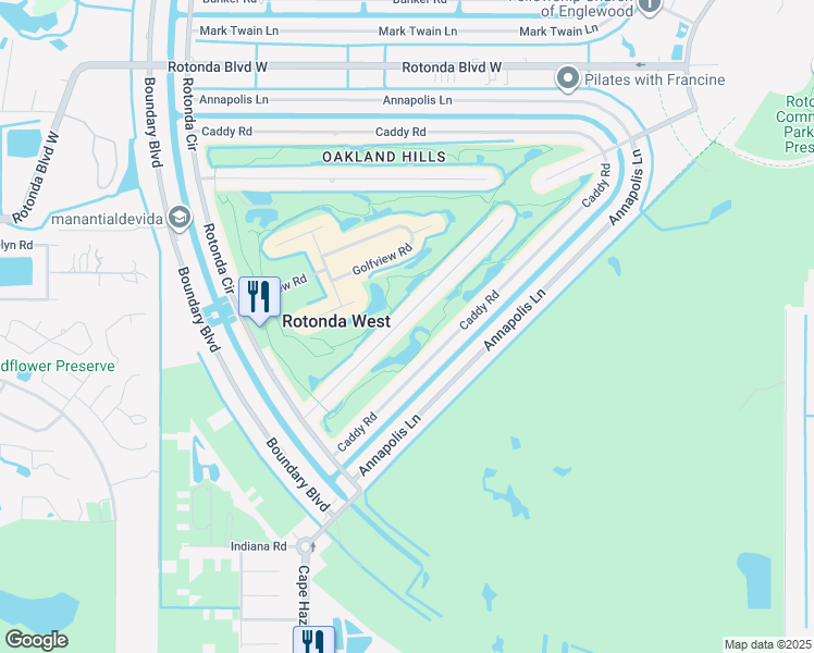 map of restaurants, bars, coffee shops, grocery stores, and more near 43 Oakland Hills Court in Rotonda West