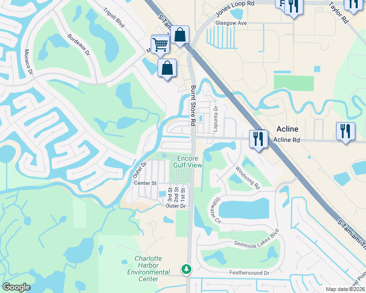 map of restaurants, bars, coffee shops, grocery stores, and more near Amberjack Alley in Punta Gorda
