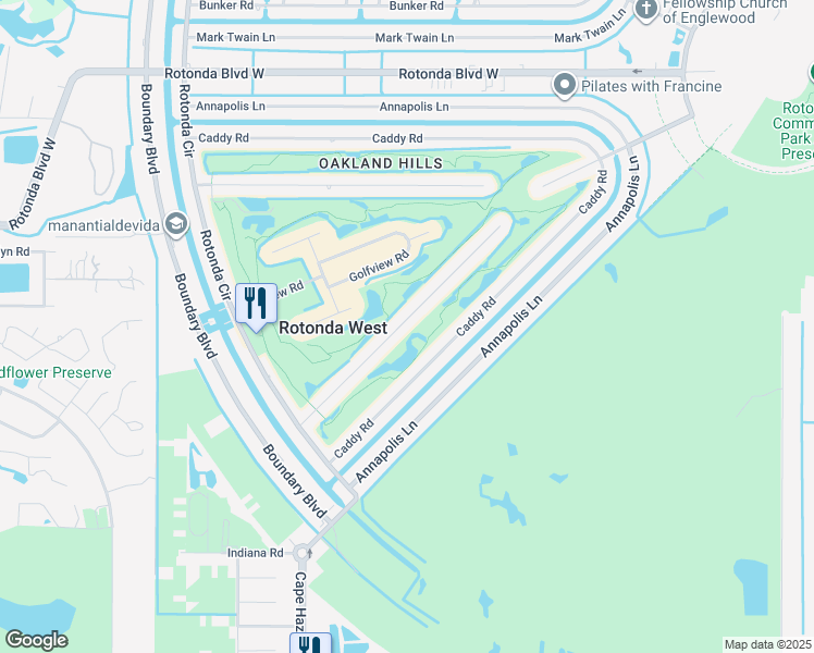map of restaurants, bars, coffee shops, grocery stores, and more near 43 Oakland Hills Court in Rotonda West