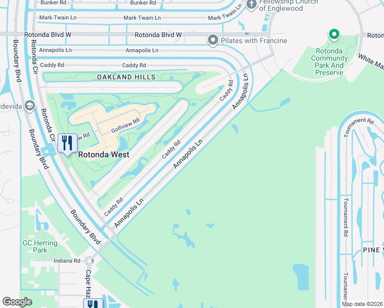 map of restaurants, bars, coffee shops, grocery stores, and more near 71 Annapolis Lane in Rotonda West