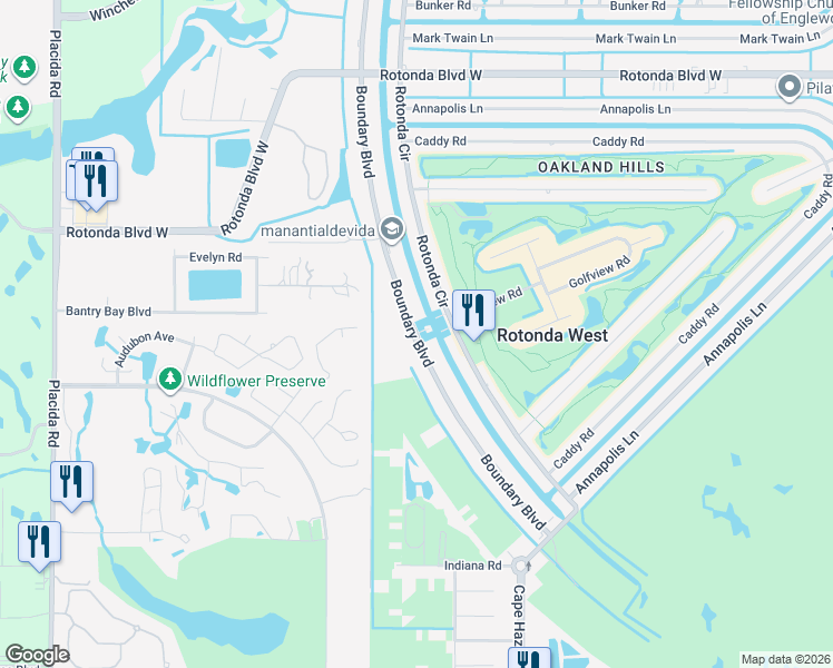 map of restaurants, bars, coffee shops, grocery stores, and more near 114 Boundary Boulevard in Rotonda West