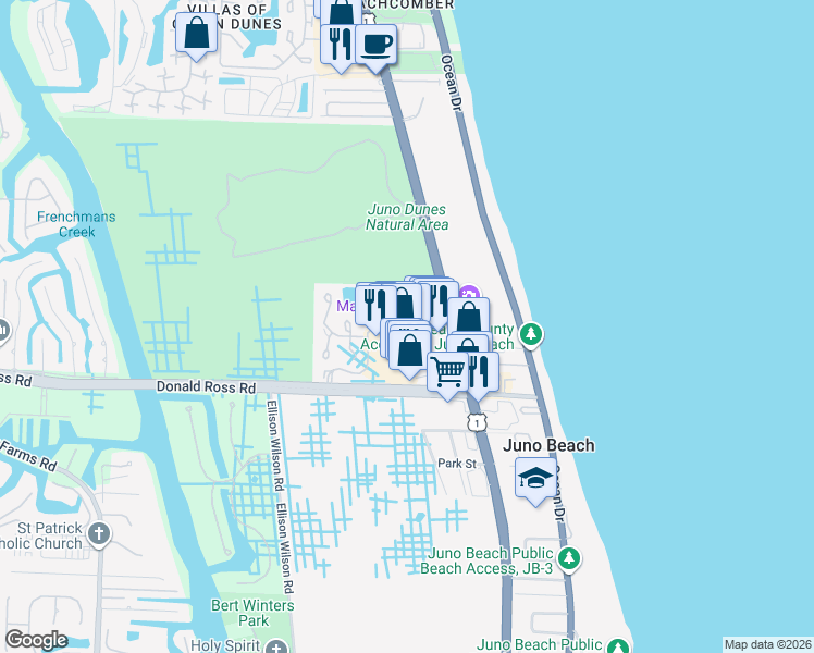 map of restaurants, bars, coffee shops, grocery stores, and more near 701 Sea Oats Drive in Juno Beach