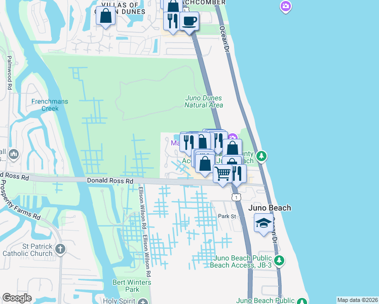 map of restaurants, bars, coffee shops, grocery stores, and more near 501 Sea Oats Drive in Juno Beach