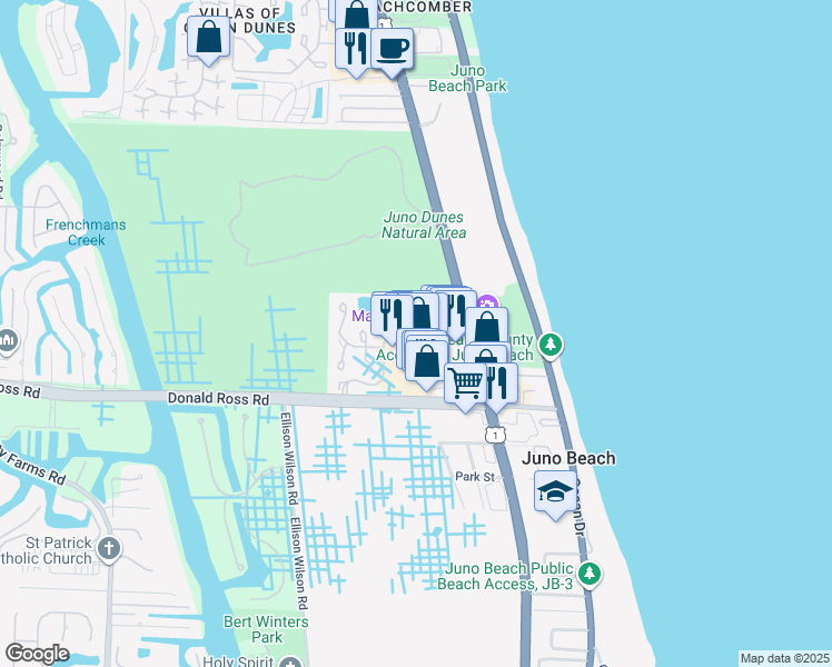 map of restaurants, bars, coffee shops, grocery stores, and more near 701 Sea Oats Drive in Juno Beach