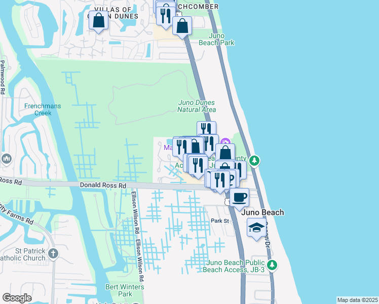 map of restaurants, bars, coffee shops, grocery stores, and more near 603 Sea Oats Drive in Juno Beach