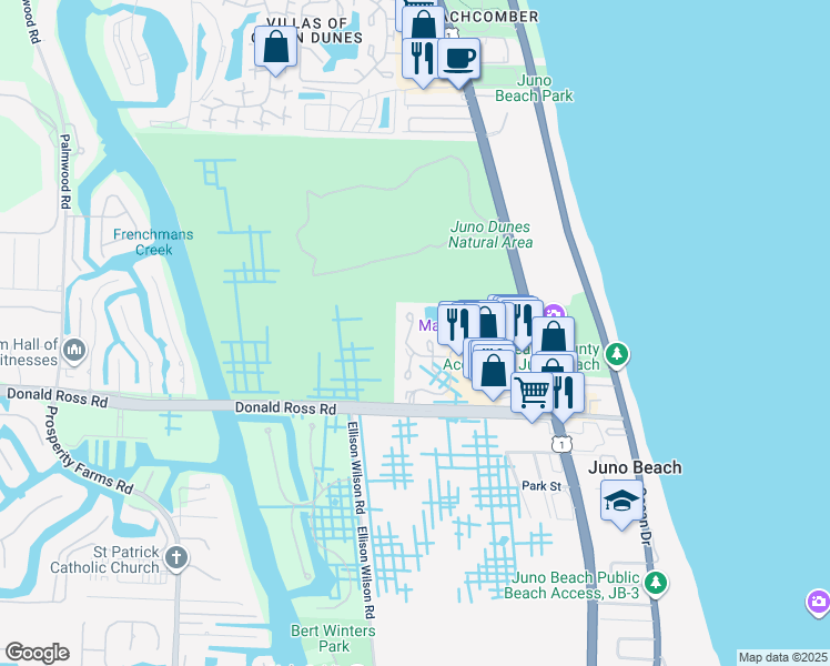 map of restaurants, bars, coffee shops, grocery stores, and more near 406 Sea Oats Drive in Juno Beach