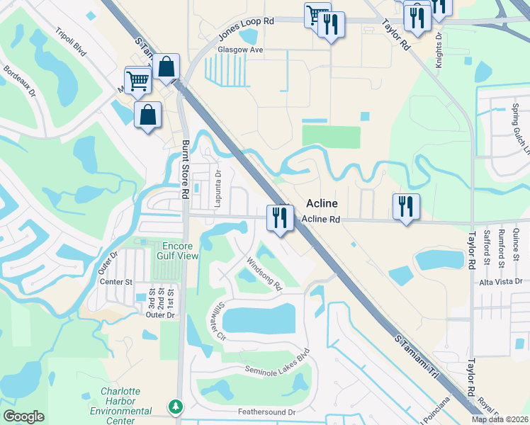map of restaurants, bars, coffee shops, grocery stores, and more near 2930 Acline Road in Punta Gorda