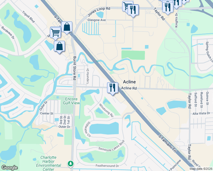 map of restaurants, bars, coffee shops, grocery stores, and more near 2930 Acline Road in Punta Gorda