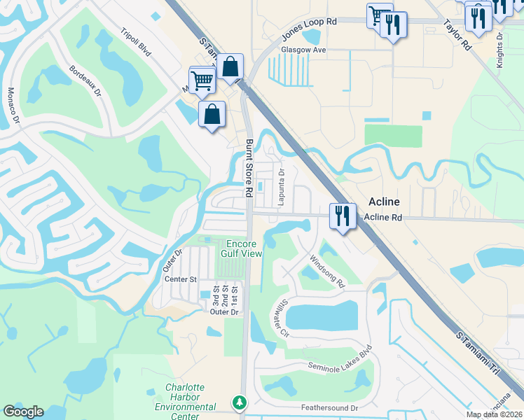 map of restaurants, bars, coffee shops, grocery stores, and more near 10100 Burnt Store Road in Punta Gorda