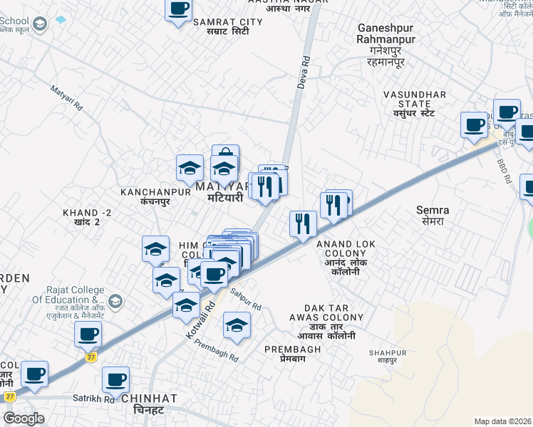 map of restaurants, bars, coffee shops, grocery stores, and more near Deva Road in Lucknow
