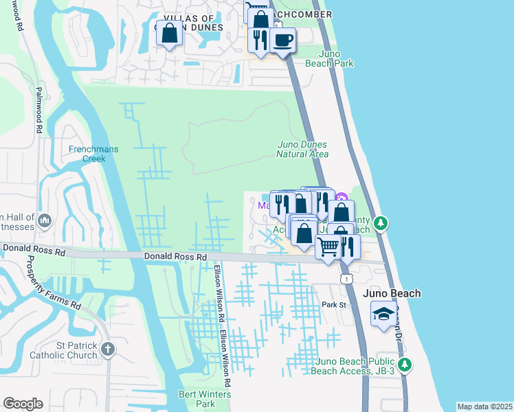 map of restaurants, bars, coffee shops, grocery stores, and more near 406 Sea Oats Drive in Juno Beach