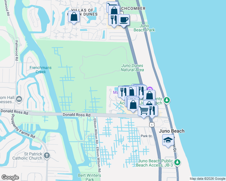 map of restaurants, bars, coffee shops, grocery stores, and more near 503 Sea Oats Drive in Juno Beach