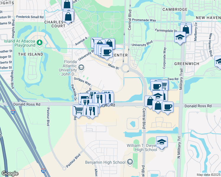 map of restaurants, bars, coffee shops, grocery stores, and more near 130 Scripps Way in Jupiter