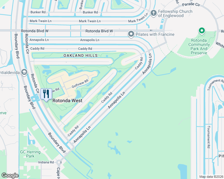 map of restaurants, bars, coffee shops, grocery stores, and more near 71 Caddy Road in Rotonda West