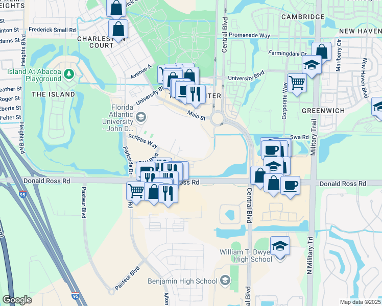 map of restaurants, bars, coffee shops, grocery stores, and more near 130 Scripps Way in Jupiter