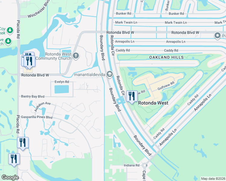 map of restaurants, bars, coffee shops, grocery stores, and more near 138 Boundary Boulevard in Rotonda West