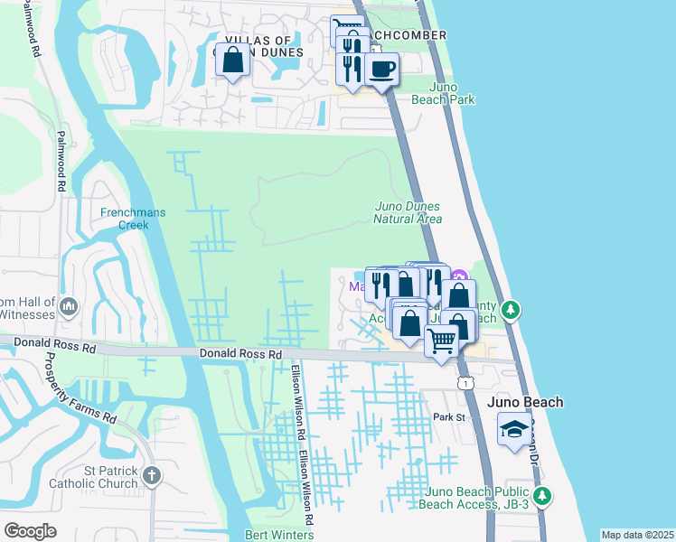 map of restaurants, bars, coffee shops, grocery stores, and more near 202 Sea Oats Drive in Juno Beach