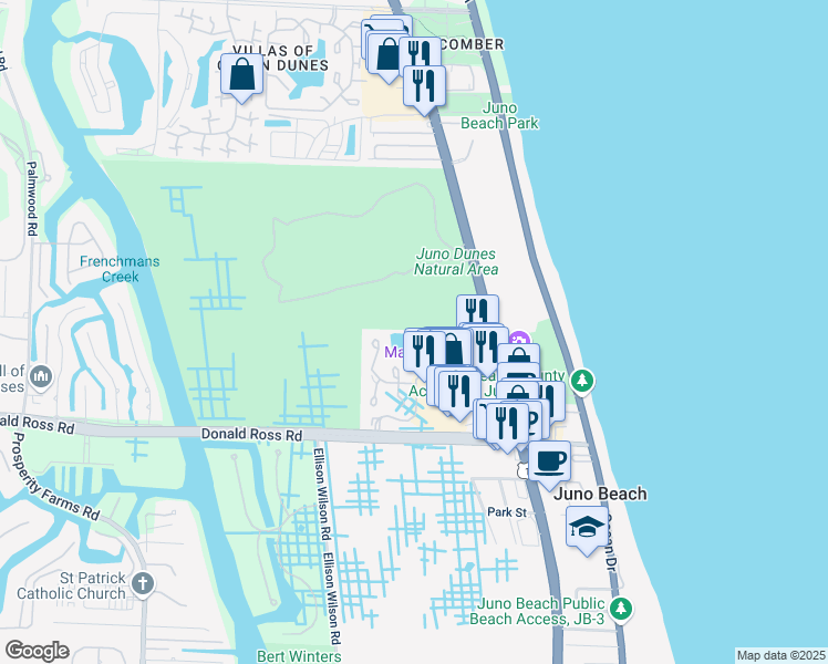 map of restaurants, bars, coffee shops, grocery stores, and more near 701 Sea Oats Drive in Juno Beach