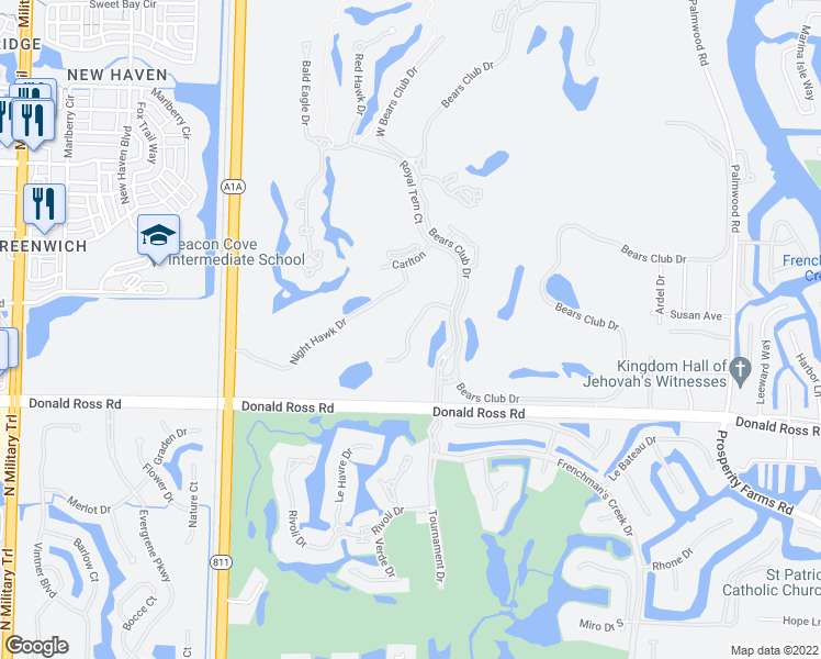 map of restaurants, bars, coffee shops, grocery stores, and more near Green Heron Way in Jupiter