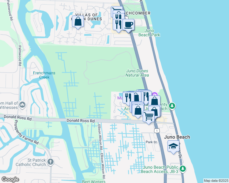 map of restaurants, bars, coffee shops, grocery stores, and more near 800 Sea Oats Drive in Juno Beach