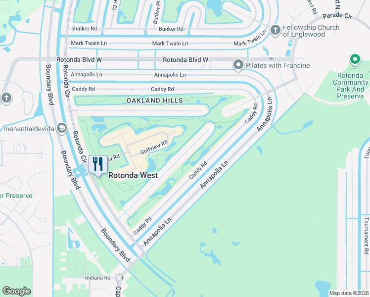 map of restaurants, bars, coffee shops, grocery stores, and more near 68 Oakland Hills Court in Rotonda West