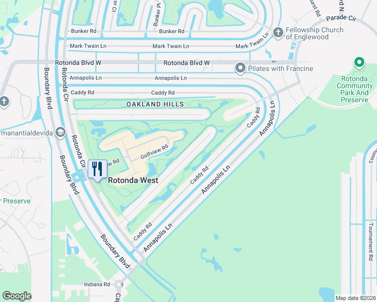 map of restaurants, bars, coffee shops, grocery stores, and more near 68 Oakland Hills Court in Rotonda West