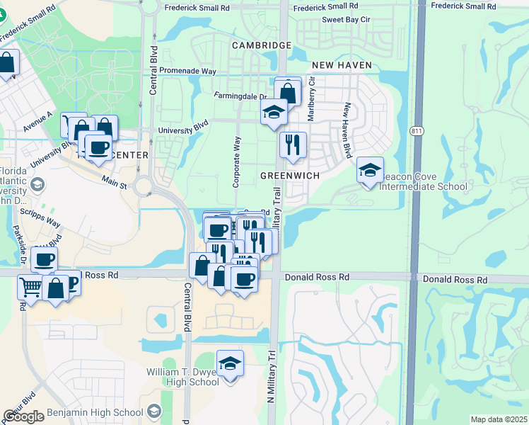 map of restaurants, bars, coffee shops, grocery stores, and more near Swa Road in Jupiter