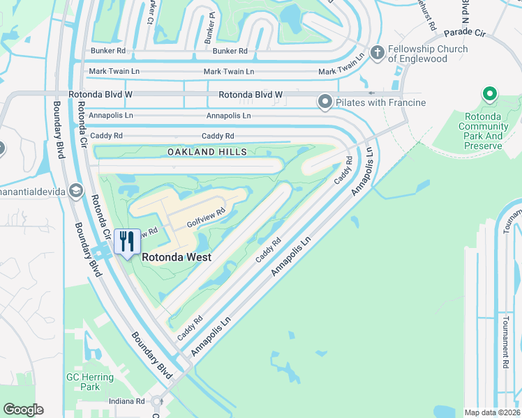 map of restaurants, bars, coffee shops, grocery stores, and more near 74 Oakland Hills Court in Rotonda West