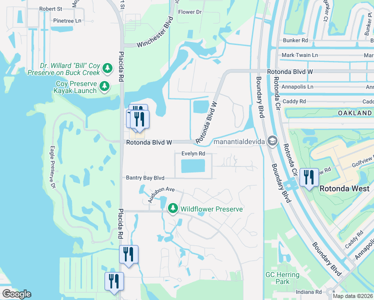 map of restaurants, bars, coffee shops, grocery stores, and more near 9041 Evelyn Road in Englewood