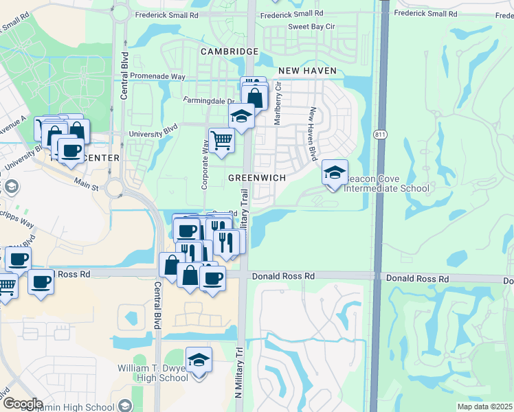 map of restaurants, bars, coffee shops, grocery stores, and more near 104 Greenwich Circle in Jupiter