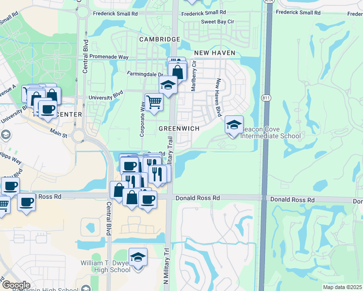 map of restaurants, bars, coffee shops, grocery stores, and more near 156 Greenwich Circle in Jupiter
