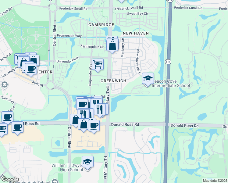 map of restaurants, bars, coffee shops, grocery stores, and more near 164 Greenwich Circle in Jupiter