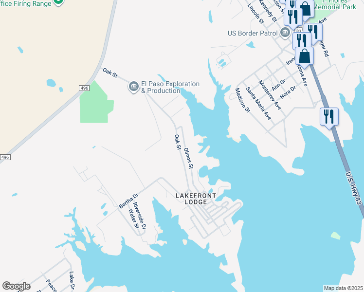 map of restaurants, bars, coffee shops, grocery stores, and more near 184 Oak Street in Zapata