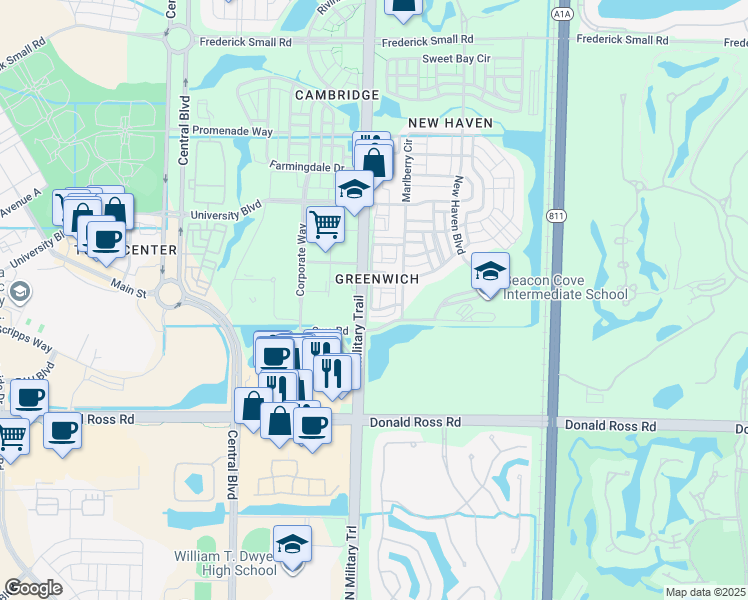 map of restaurants, bars, coffee shops, grocery stores, and more near 104 Greenwich Circle in Jupiter
