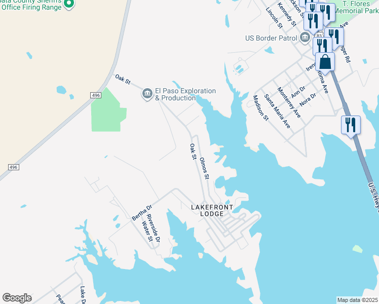 map of restaurants, bars, coffee shops, grocery stores, and more near 184 Oak Street in Zapata