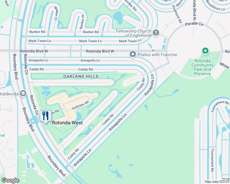 map of restaurants, bars, coffee shops, grocery stores, and more near 90 Oakland Hills Court in Rotonda West